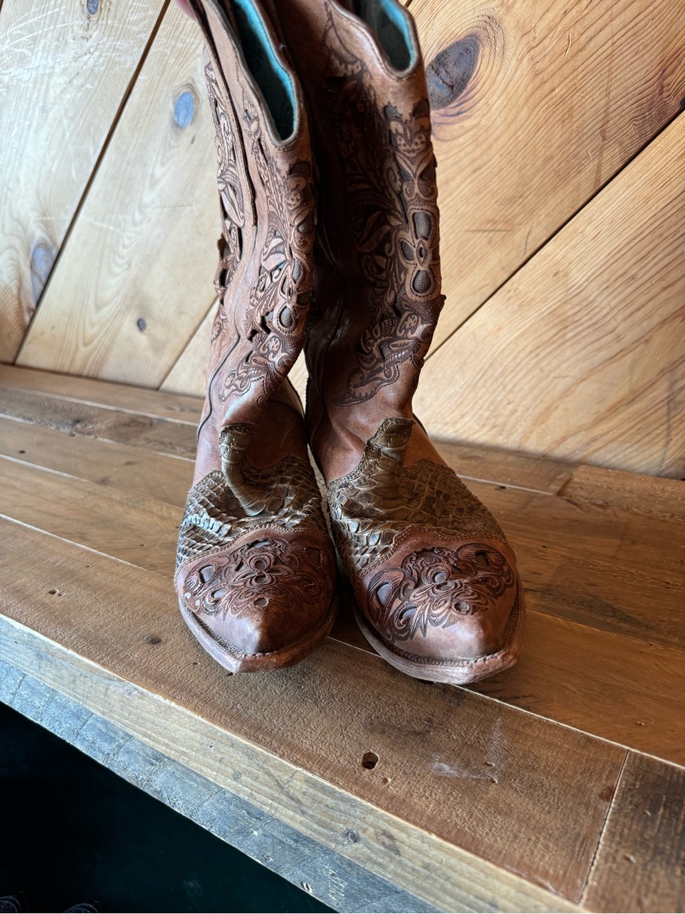 Brown Embossed Leather Western Heeled Boots